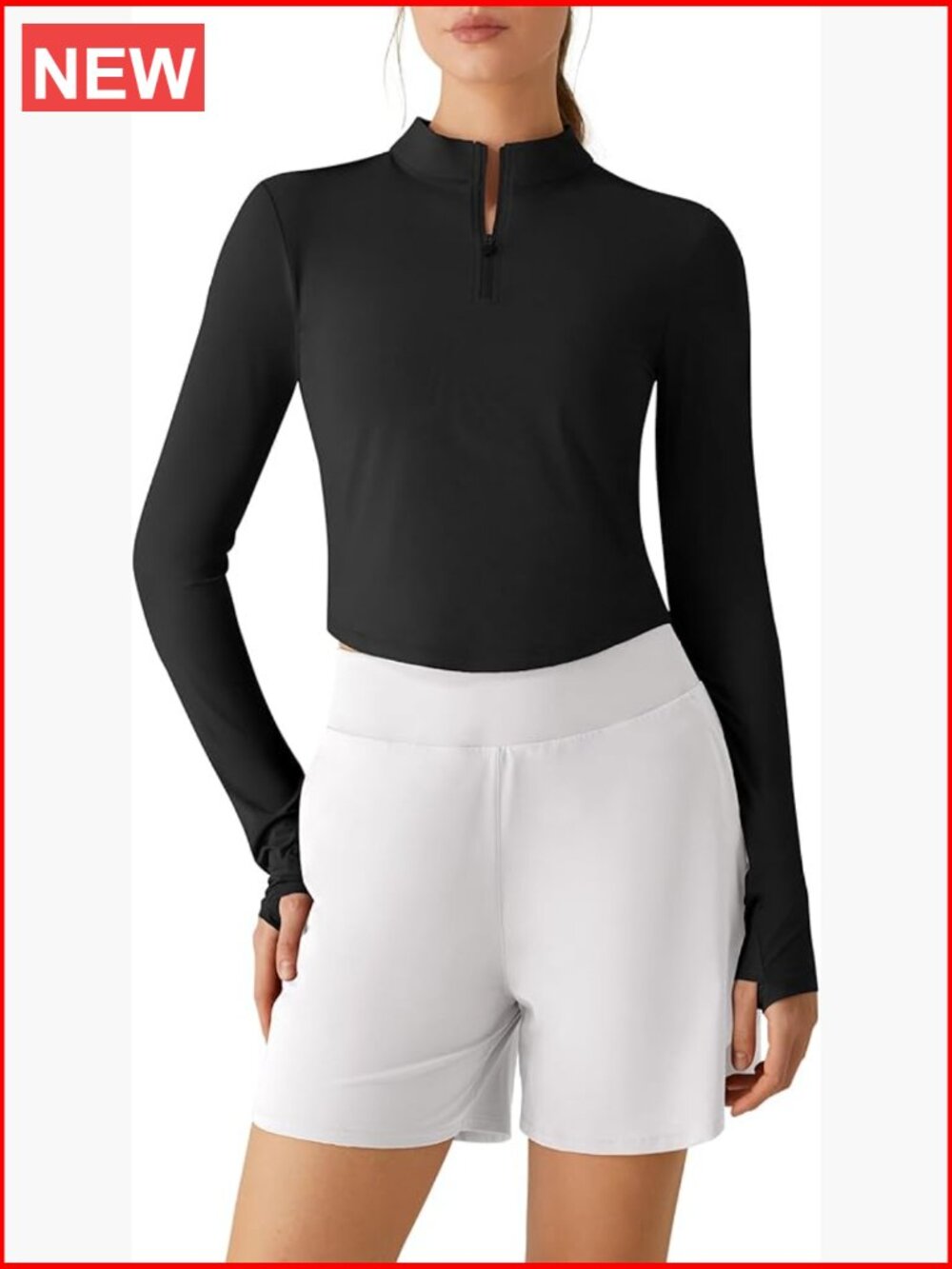 UPF 50+ Long Sleeve Crop Top with Thumbholes Quarter Zip Mock Neck